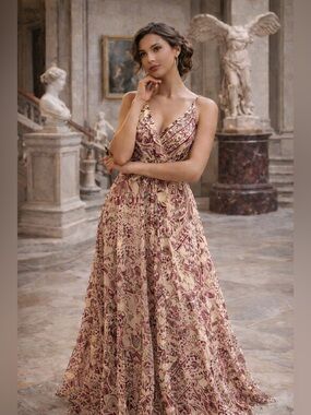 CLASSY Purple Abstract Print Maxi Dress with Metallic Gold Detail